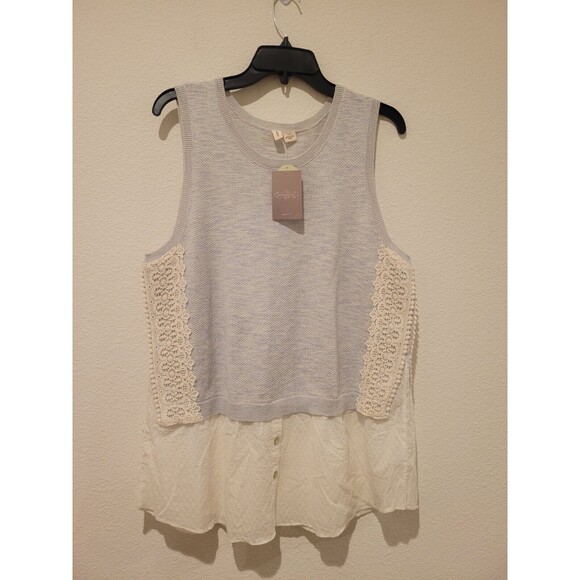 NWT MOTH ANTHROPOLOGIE WOMEN'S Blue & WHITE SWEATER VEST BLOUSE SIZE XL lace - Picture 2 of 7